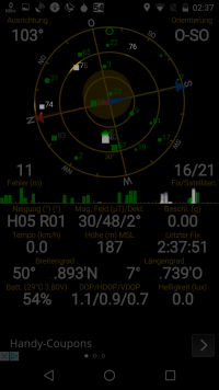 Screenshot von der App GPS-Status zum Aufzeigen von GLONASS-Sateliten